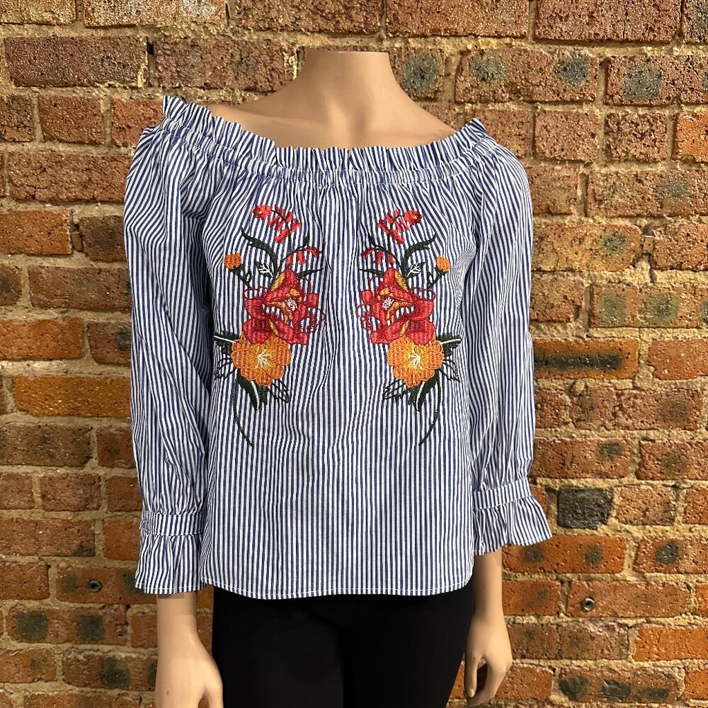 VGC Flying Tomato Off The Shoulder Pinstripe Embroidered Blouse Size Small
